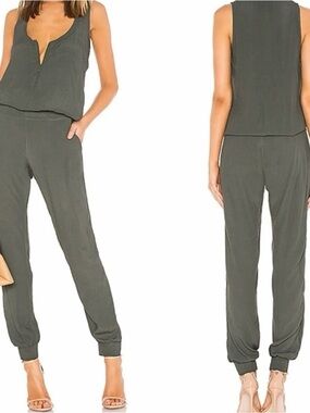 Monrow Crepe Basics Zip Front Sleeveless Camo Green Jumpsuit Size S